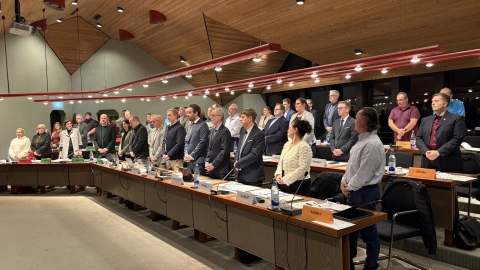 Gewählte Vertreterinnen und Vertreter im Ratssaal stehend an ihren Tischen