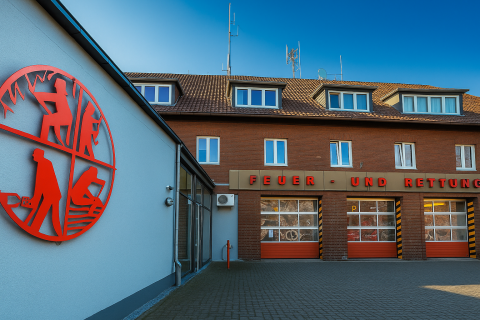 Ansicht der Feuer- und Rettungswache Haltern am See von der Koeppstraße aus gesehen.