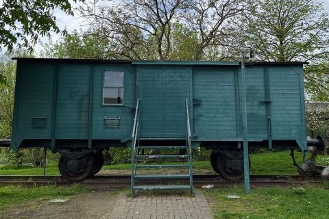 Grüner Bauwagen mit blauem Himmel.