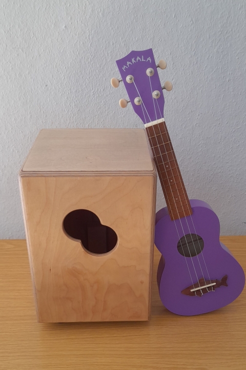 Bild zeigt eine Ukulele und eine Cajòn