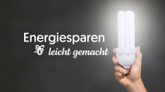 Bild einer Lampe, daneben der Schriftzug Energiesparen Leicht gemacht mit dem Logo der Stadt Haltern